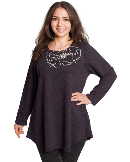 Тъмно лилава разкроена туника с флорална бродерия и перли