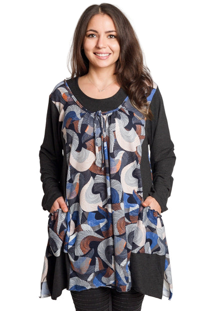 Разкроена туника с многоцветен десен и джобчета в големи размери