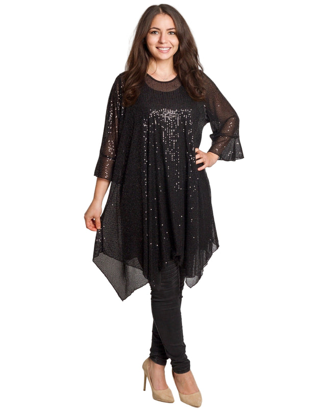 Елегантна черна тюлена туника с пайети и потник