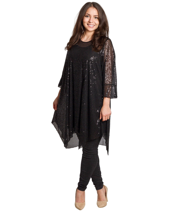 Елегантна черна тюлена туника с пайети и потник