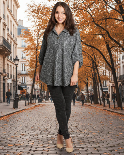 Сива стилна туника с декоративна връзка и змийски десен