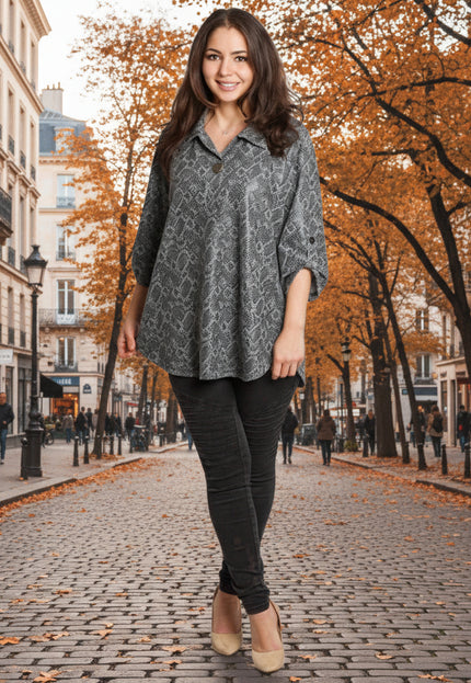 Сива стилна туника с декоративна връзка и змийски десен