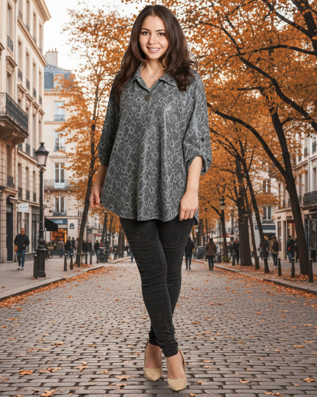 Сива стилна туника с декоративна връзка и змийски десен