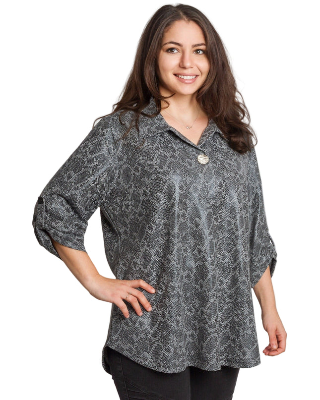 Сива стилна туника с декоративна връзка и змийски десен