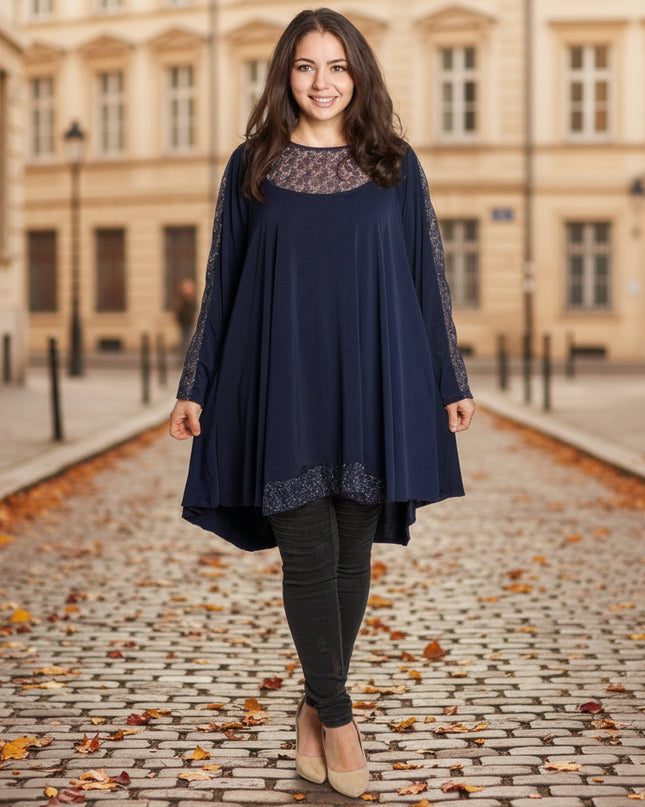 Елегантна тъмносиня туника на точки в големи размери