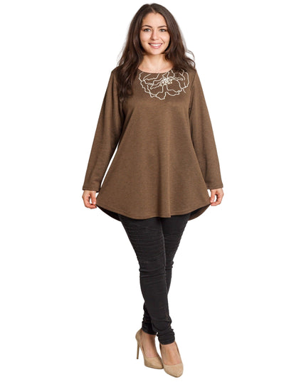 Кафява разкроена туника с флорална бродерия и перли