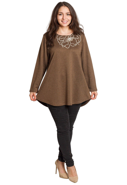 Кафява разкроена туника с флорална бродерия и перли