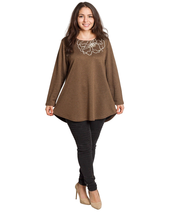 Кафява разкроена туника с флорална бродерия и перли