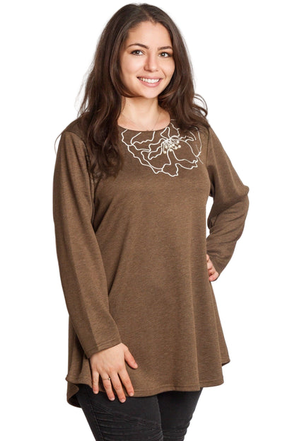 Кафява разкроена туника с флорална бродерия и перли