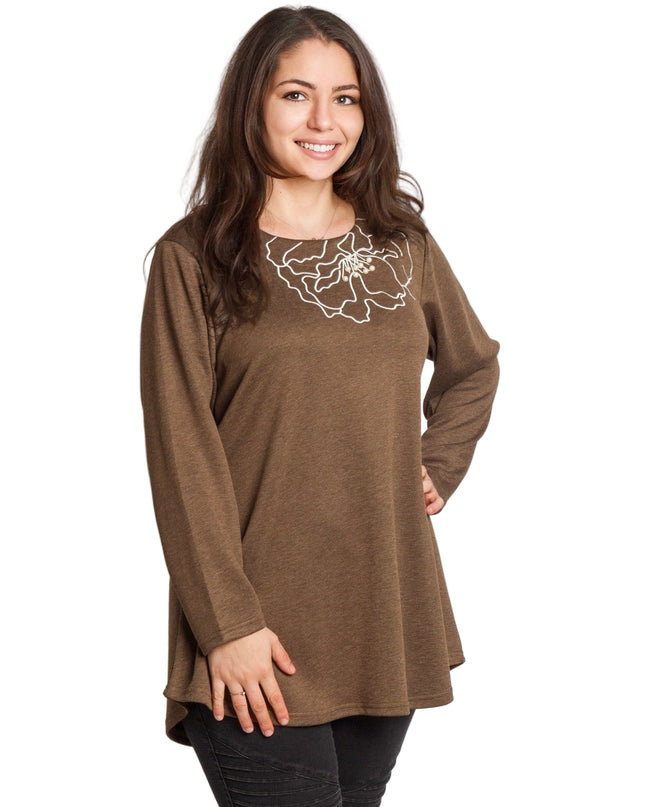 Кафява разкроена туника с флорална бродерия и перли