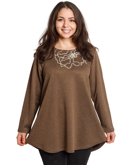 Кафява разкроена туника с флорална бродерия и перли