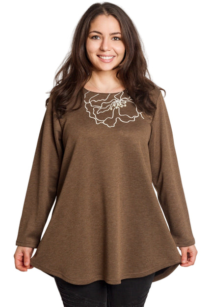 Кафява разкроена туника с флорална бродерия и перли