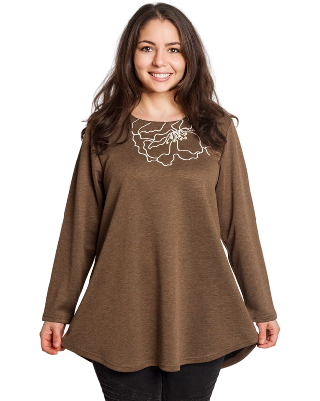 Кафява разкроена туника с флорална бродерия и перли