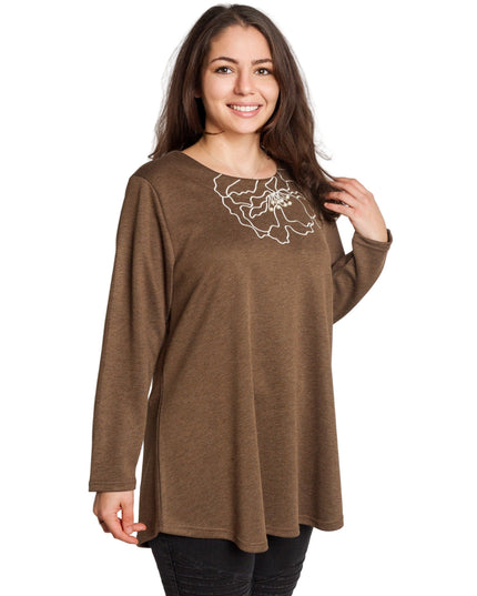 Кафява разкроена туника с флорална бродерия и перли