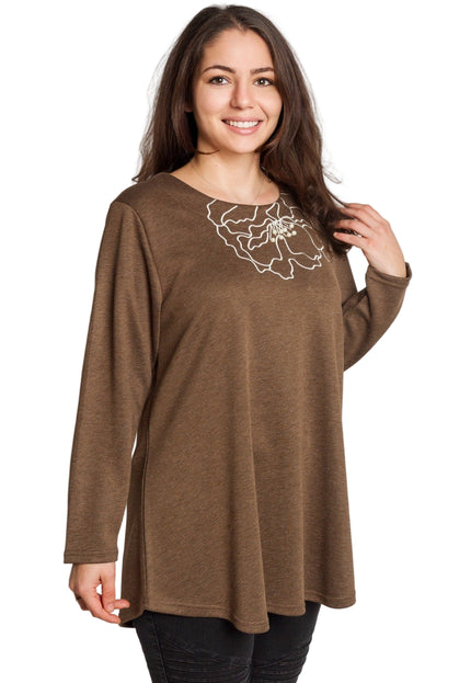 Кафява разкроена туника с флорална бродерия и перли