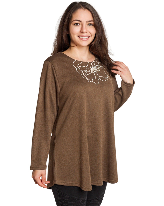 Кафява разкроена туника с флорална бродерия и перли