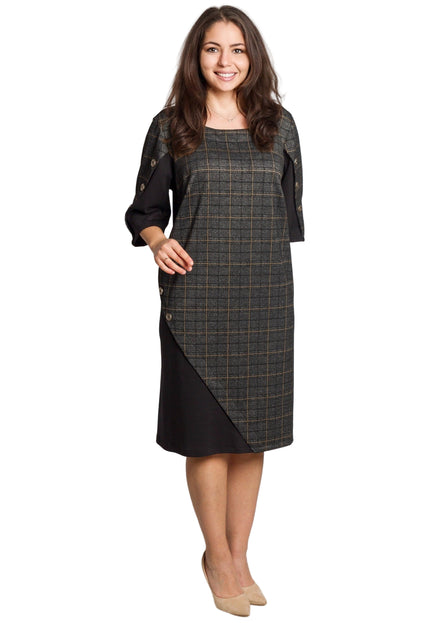 5XL-6XL Официална тъмносива рокля с каре и декоративни копчета
