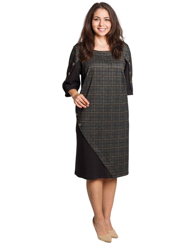 Официална тъмносива рокля с каре и декоративни копчета