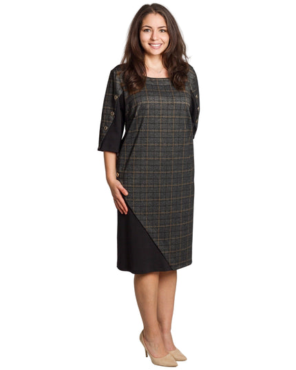 Официална тъмносива рокля с каре и декоративни копчета