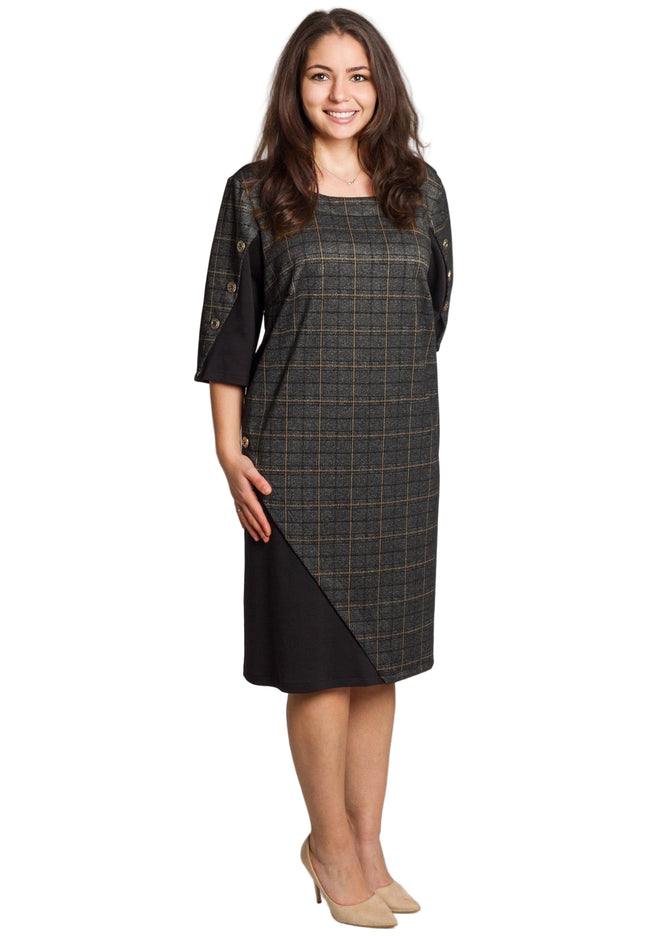 Официална тъмносива рокля с каре и декоративни копчета