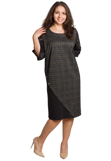 5XL-6XL Официална тъмносива рокля с каре и декоративни копчета