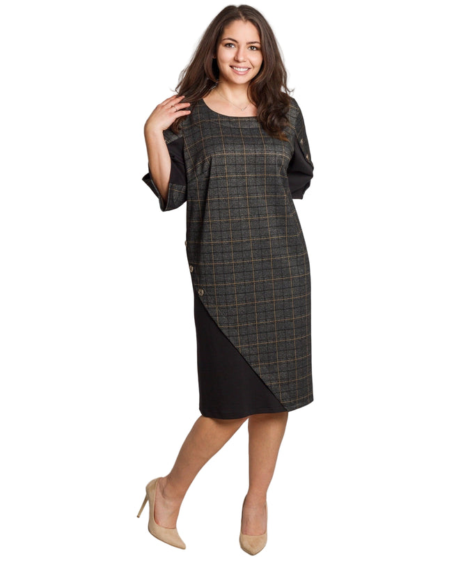 Официална тъмносива рокля с каре и декоративни копчета