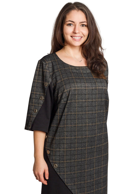 5XL-6XL Официална тъмносива рокля с каре и декоративни копчета