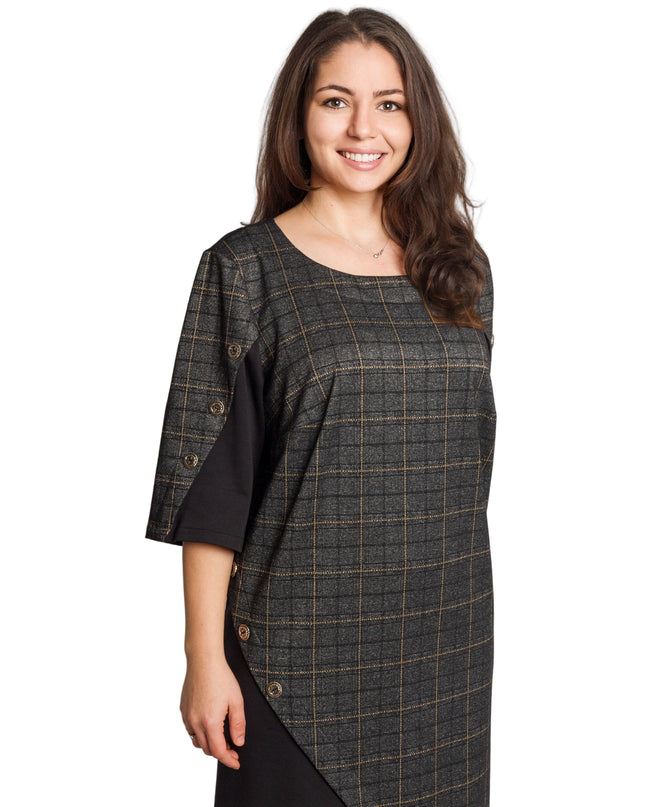 Официална тъмносива рокля с каре и декоративни копчета