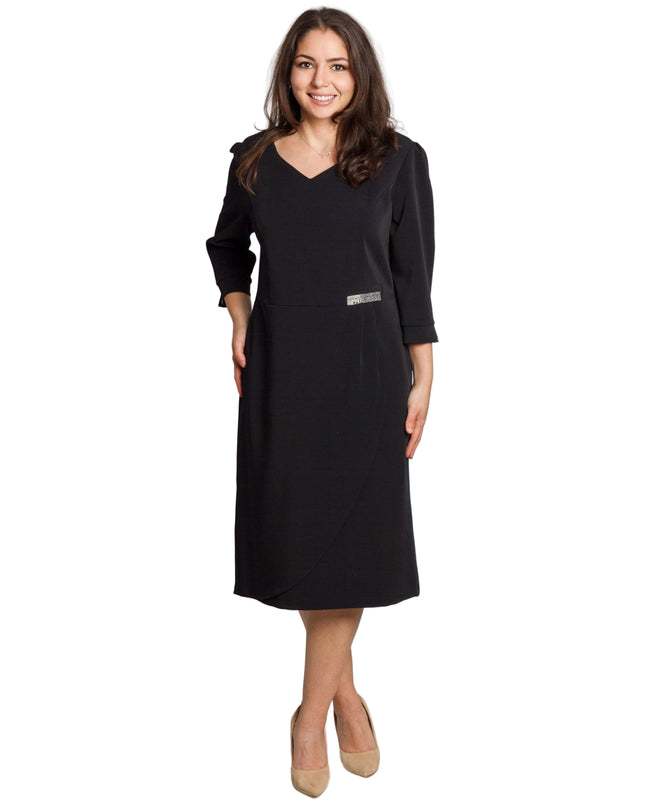 Официална права тъмносиня рокля с V-деколте