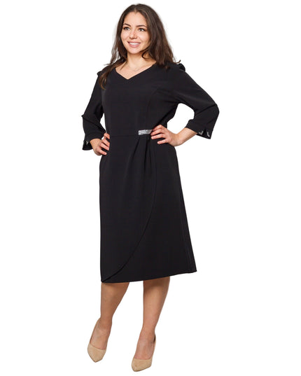 Официална права тъмносиня рокля с V-деколте