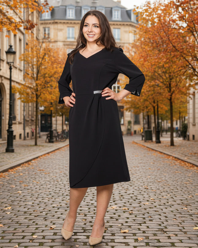 Официална права тъмносиня рокля с V-деколте