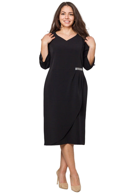 Официална права тъмносиня рокля с V-деколте