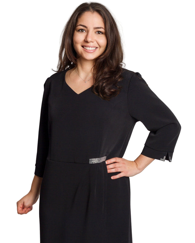 Официална права тъмносиня рокля с V-деколте