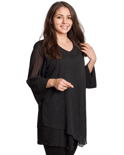 Черна асиметрична туника с тюл и брокатен ефект