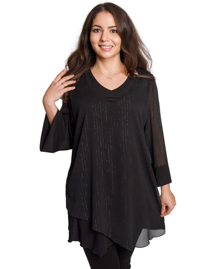 Черна асиметрична туника с тюл и брокатен ефект