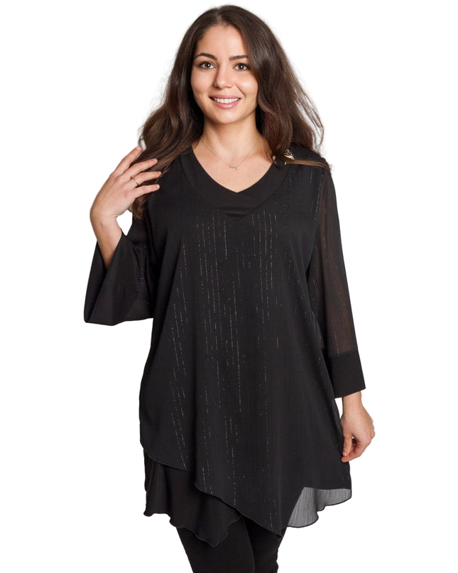 Черна асиметрична туника с тюл и брокатен ефект