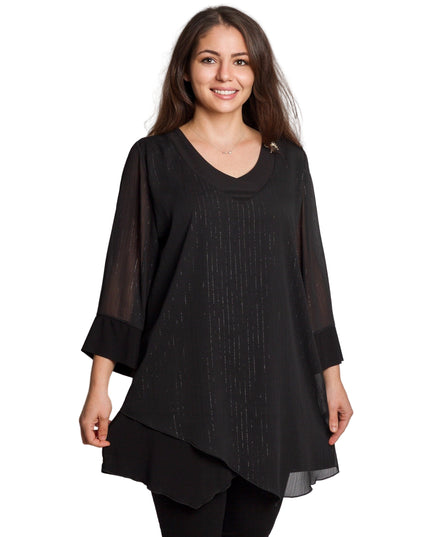 Черна асиметрична туника с тюл и брокатен ефект