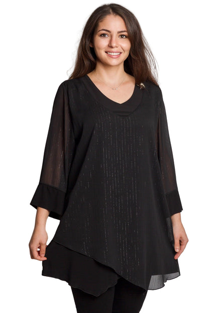 Черна асиметрична туника с тюл и брокатен ефект