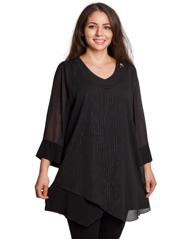 Черна асиметрична туника с тюл и брокатен ефект