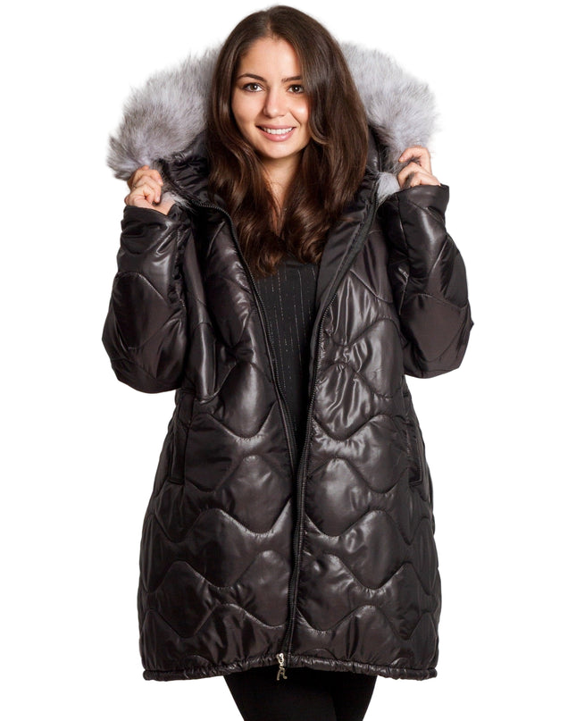 3XL-8XL Черно зимно яке с качулка от естествен косъм в макси размери