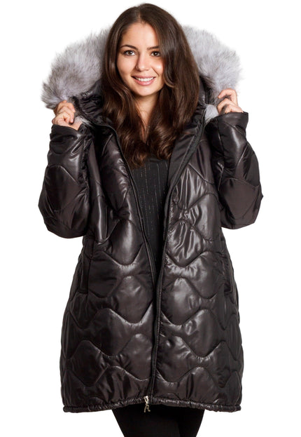 Зимно яке с разкроена кройка и качулка от естествен косъм