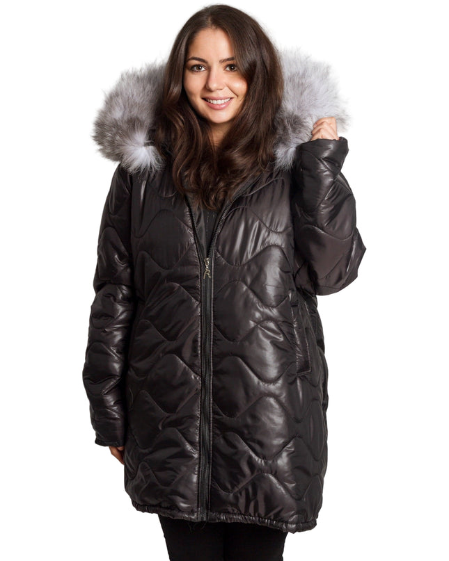 3XL-8XL Черно зимно яке с качулка от естествен косъм в макси размери