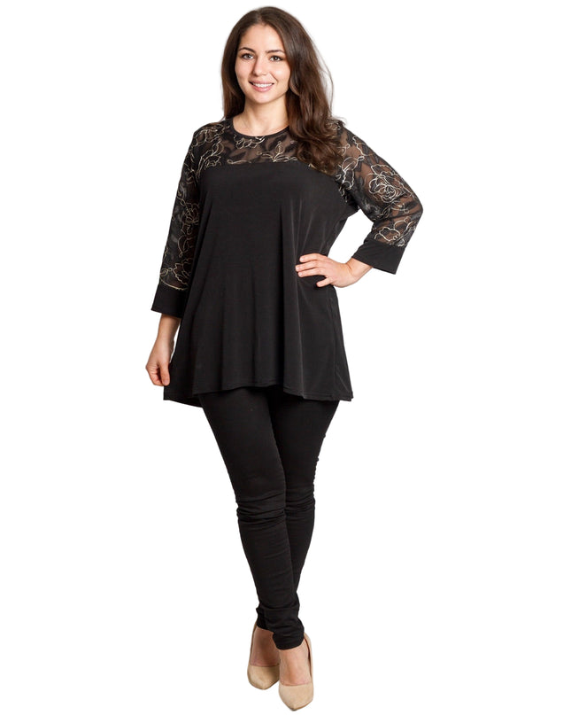 Черна официална туника с ефектна флорална бродерия