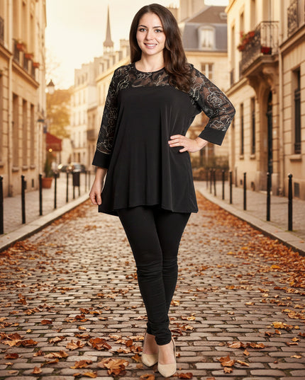 Черна официална туника с ефектна флорална бродерия