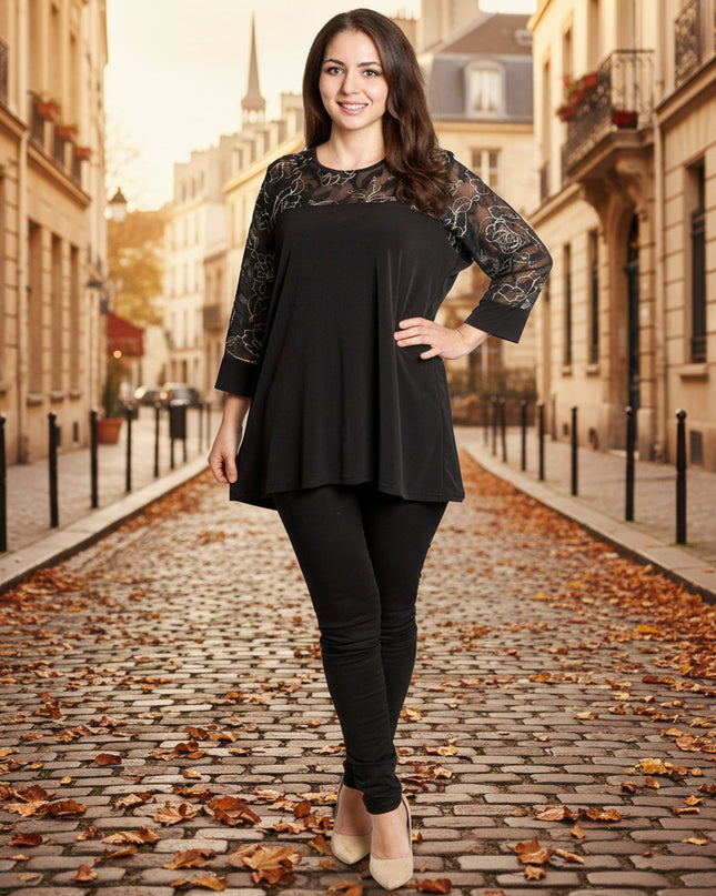 Черна официална туника с ефектна флорална бродерия