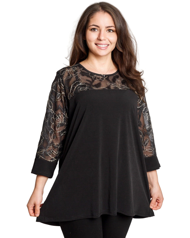 Черна официална туника с ефектна флорална бродерия