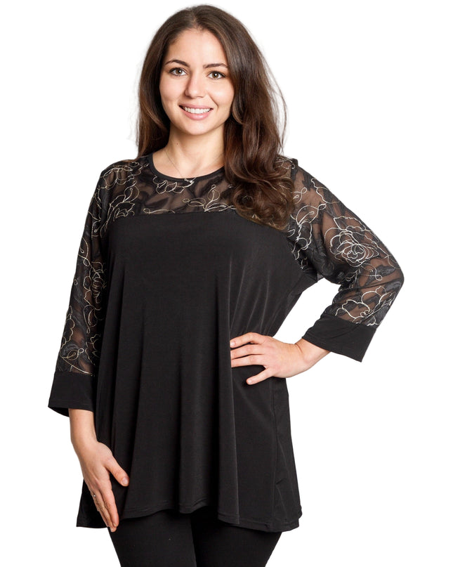 Черна официална туника с ефектна флорална бродерия