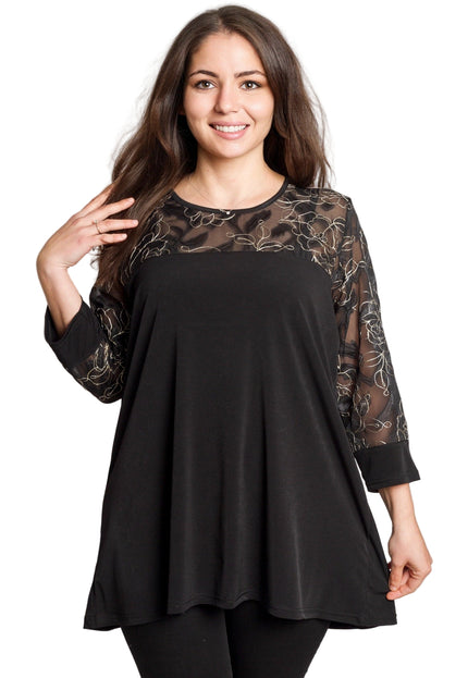 Черна официална туника с ефектна флорална бродерия