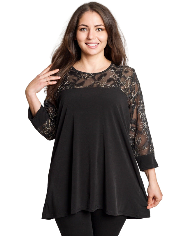 Черна официална туника с ефектна флорална бродерия