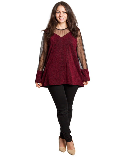 Блестяща бордо туника с тюл на точки в големи размери